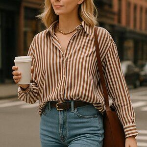 Passport 100% Cotton Striped Button Down Shirt – Brown/White – Classic Fit